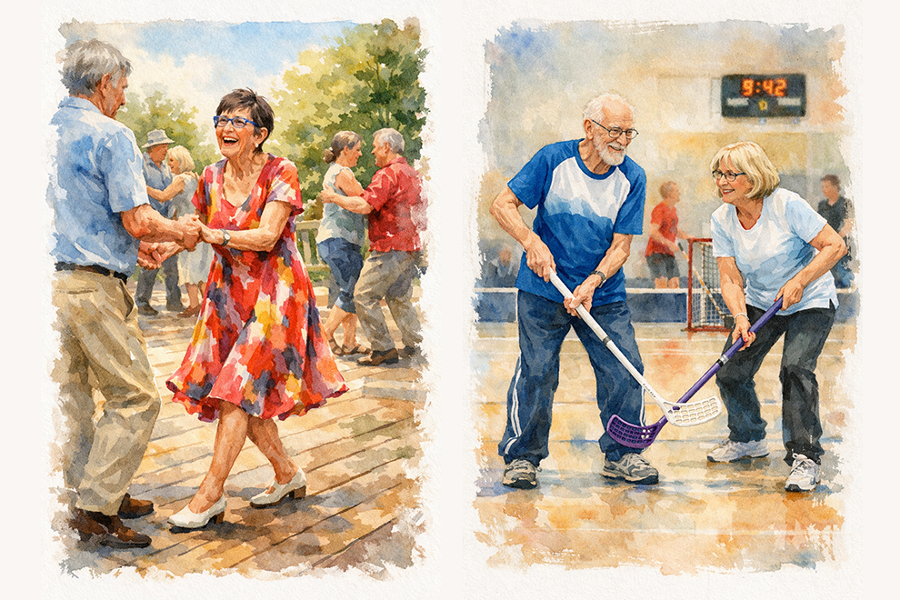 AI-genererad bild i akvarellstil av äldre människor som utövar aktiviteter. Illustration