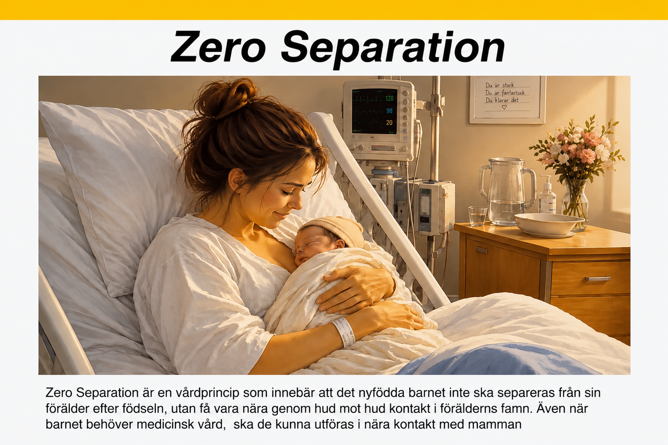 En bild på en mamma med ett nyfött barn i famnen sittande upp i en sjukhussäng. Bild.