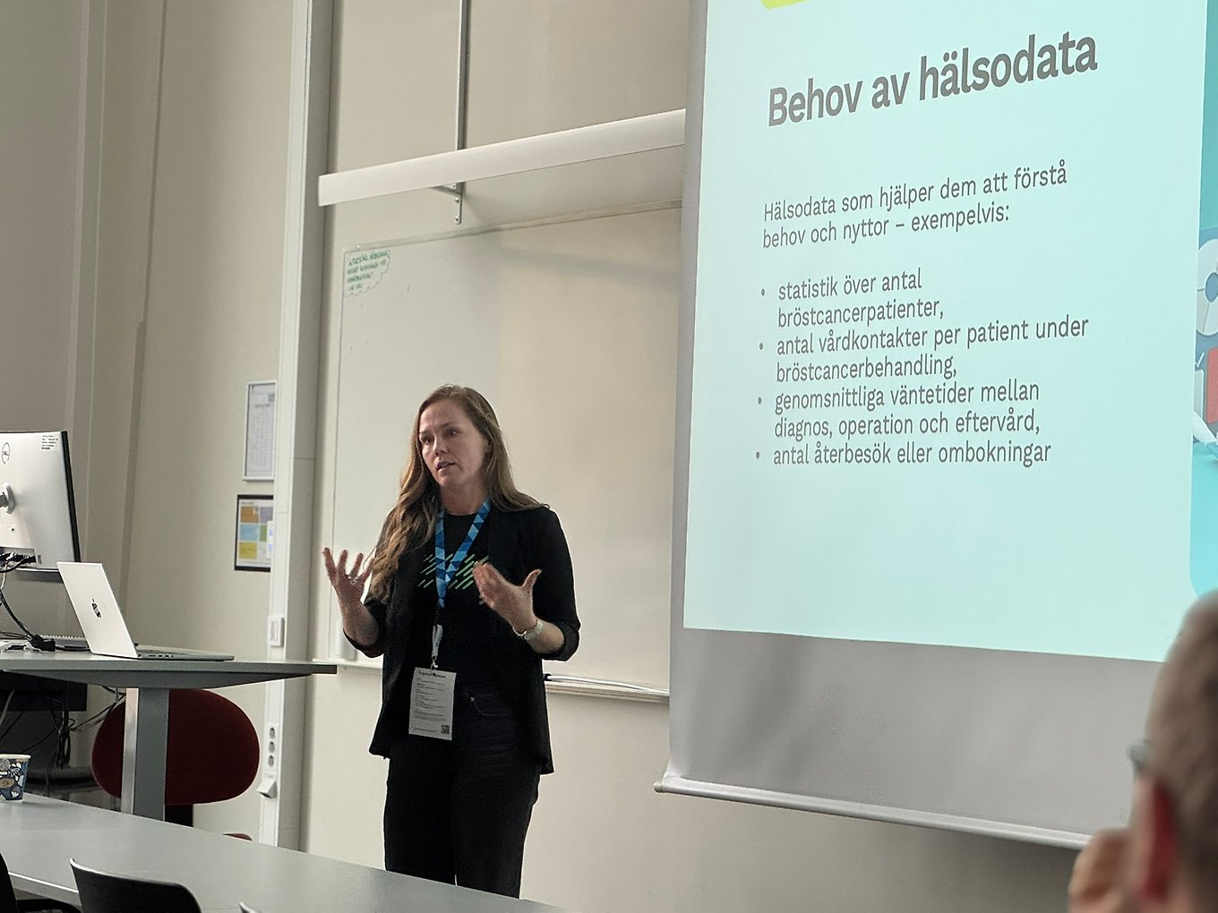 Kvinna som presenterar vid en skärm. Bild.