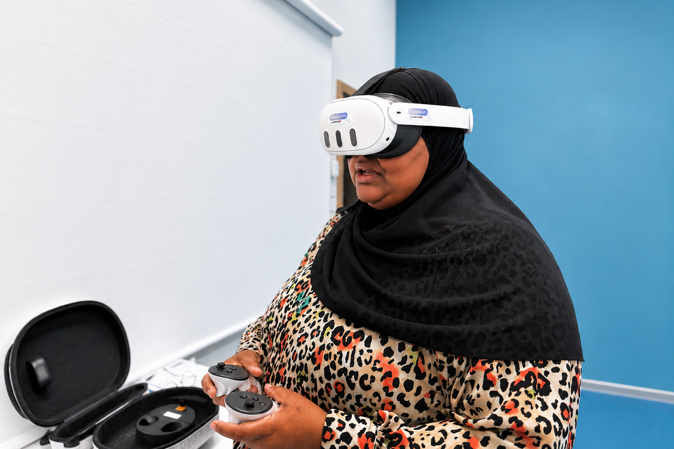 Kvinna i hijab och VR-glasögon. Bild.